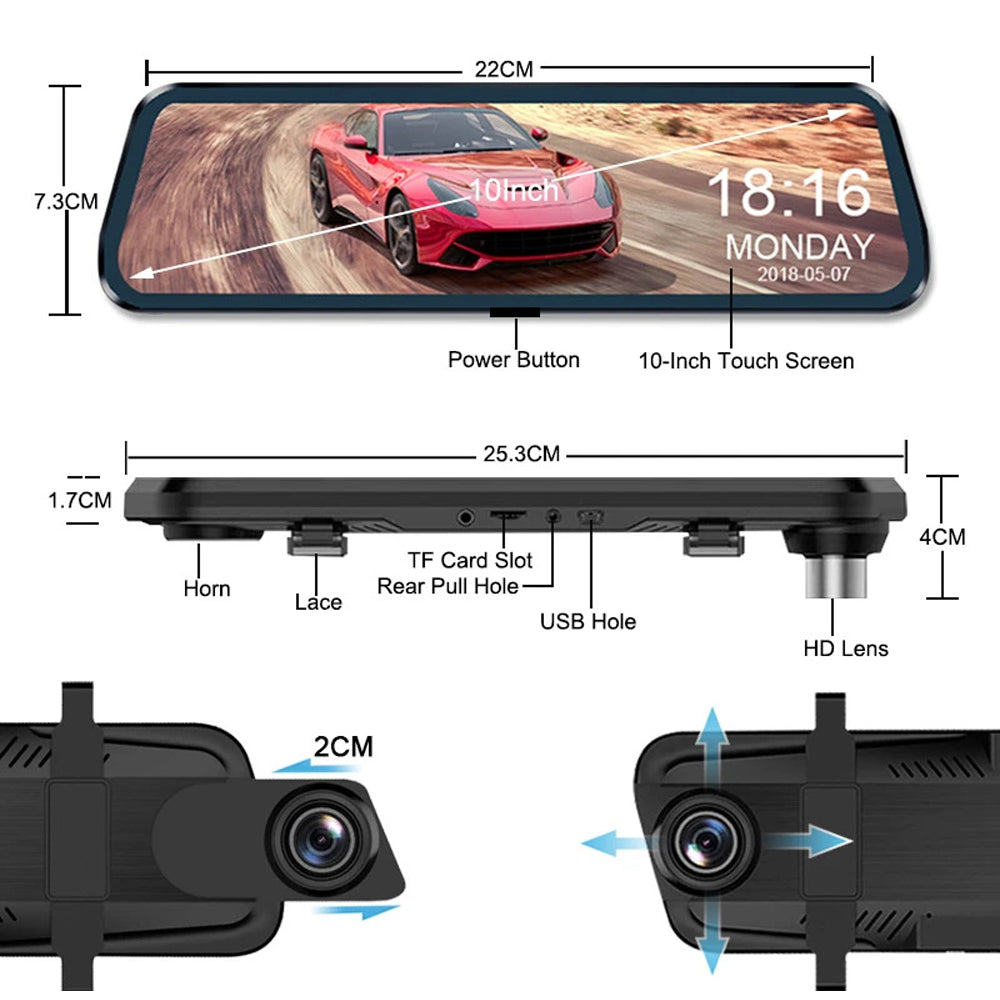 WiFi 10" 2K Rear-View Mirror Dash Cam with Reversing Camera & Free 32GB Card