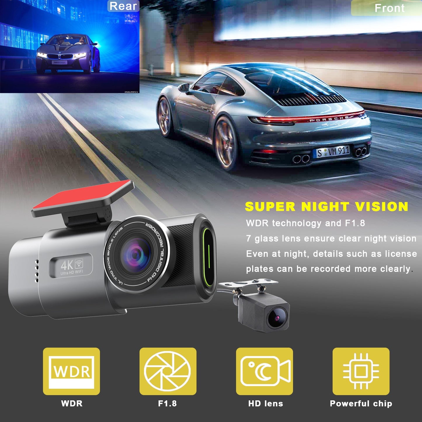 4K UHD 2160P WiFi Front Dash Cam with Night Vision & 64GB SD Card