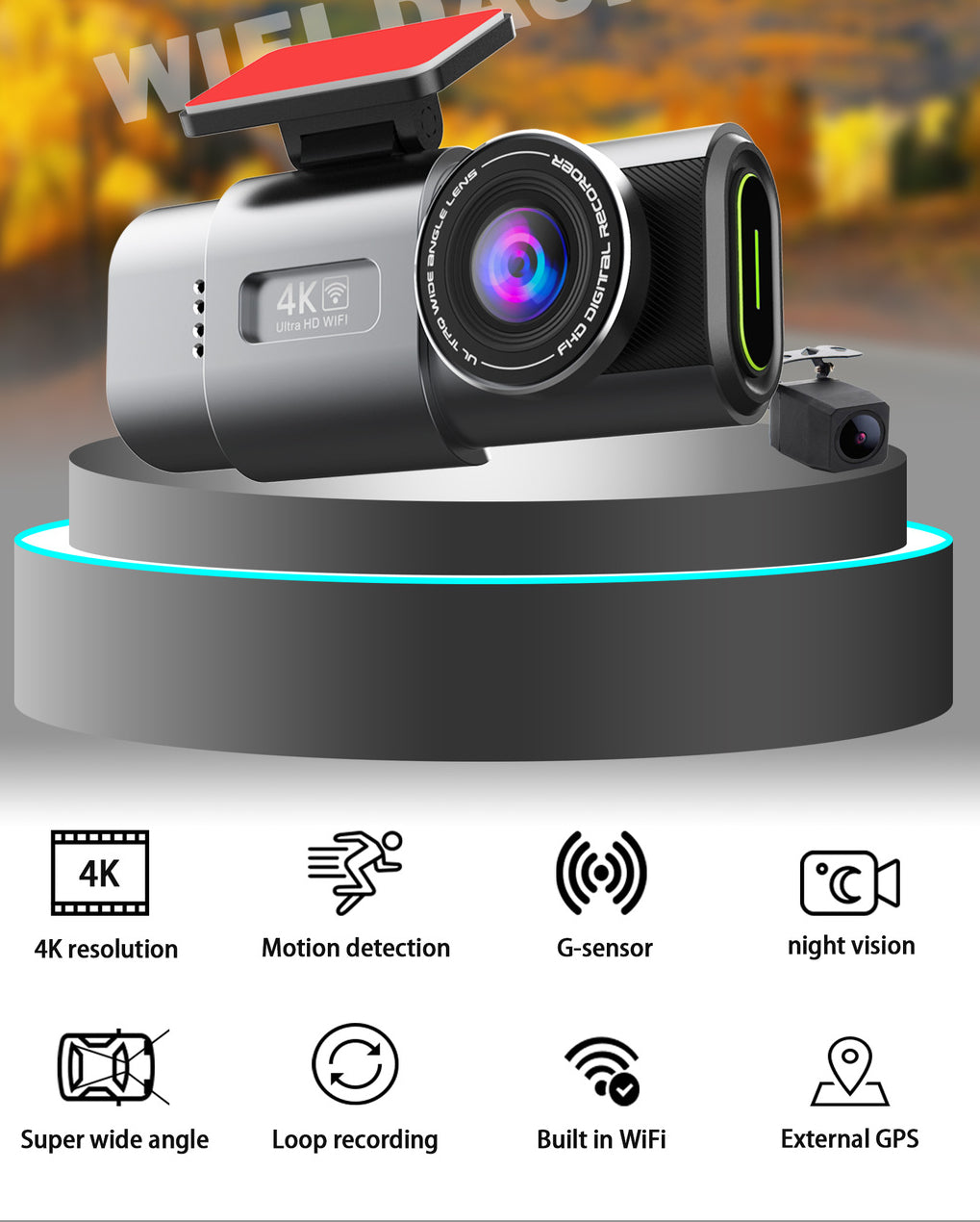 4K UHD 2160P WiFi Front Dash Cam with Night Vision & 64GB SD Card