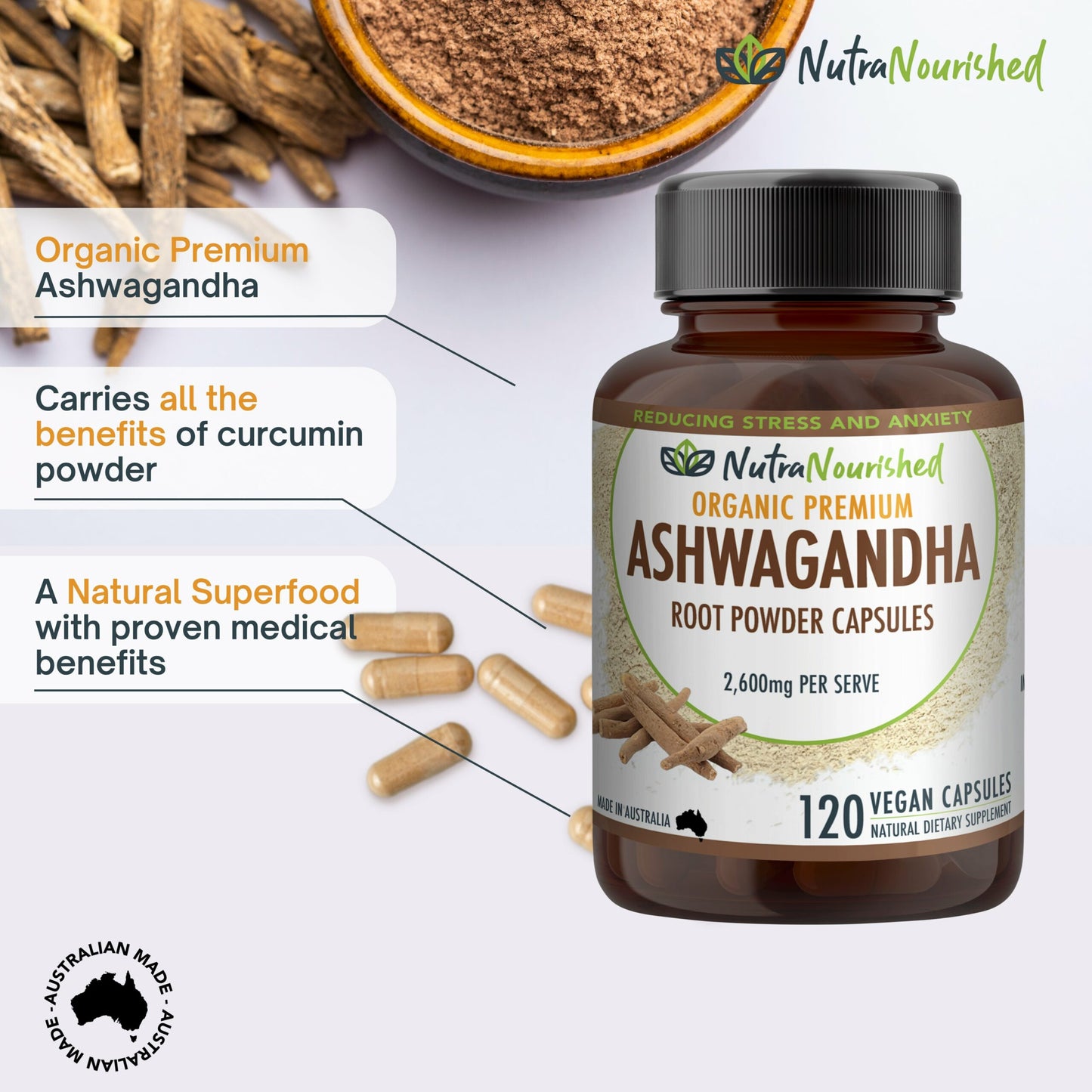 Organic Ashwagandha Capsules – 120 Vegan Capsules