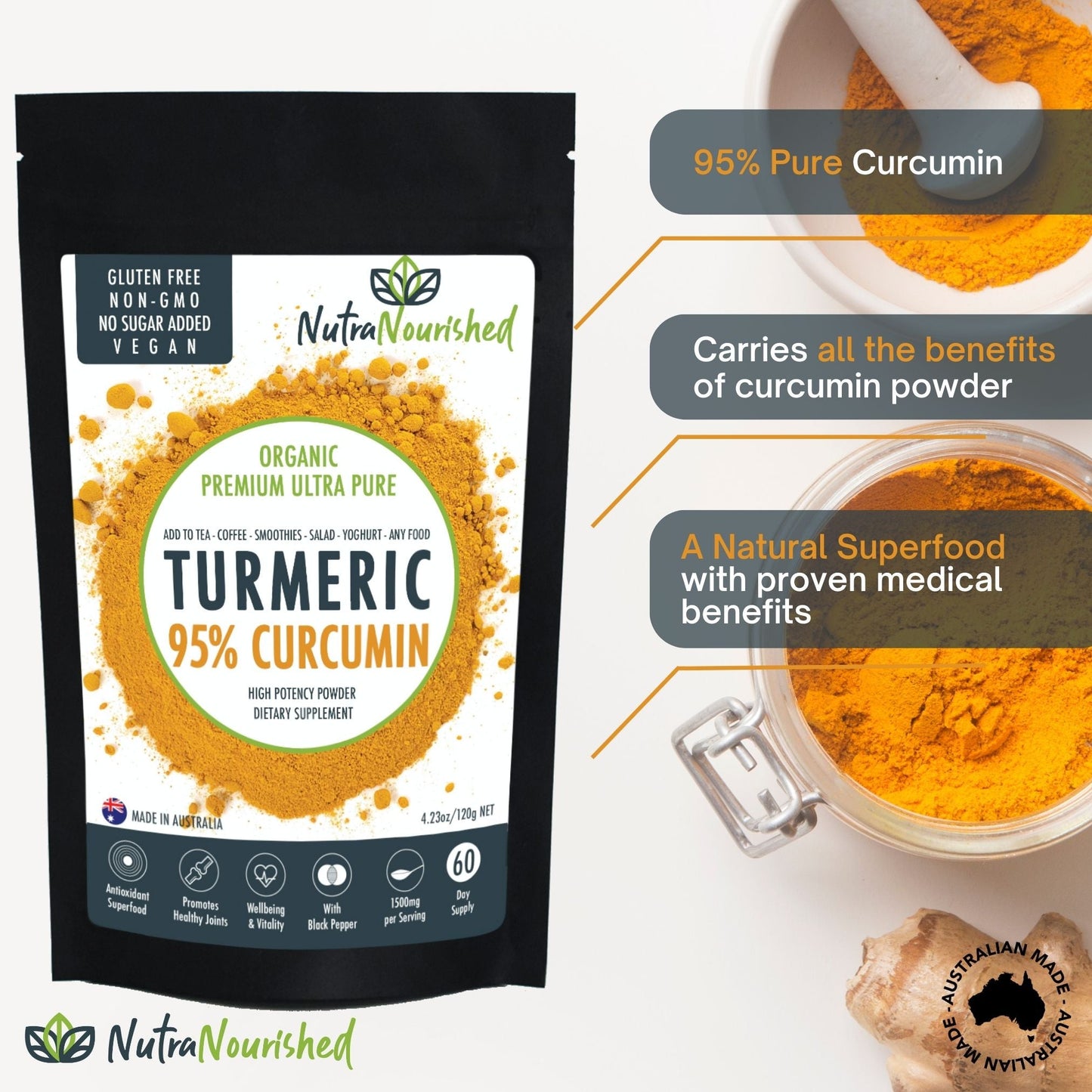 Pure Organic 95% Curcumin Powder | 120g (2-Month Supply)