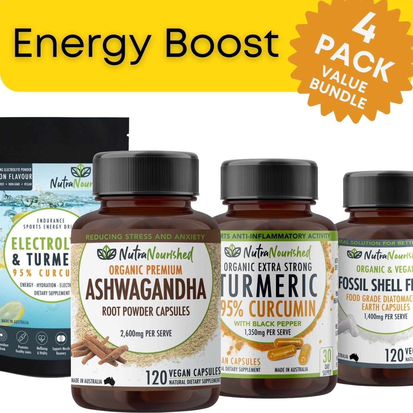 Energy & Health Boost Package | Ashwagandha, Curcumin, Electrolytes & Fossil Shell Flour