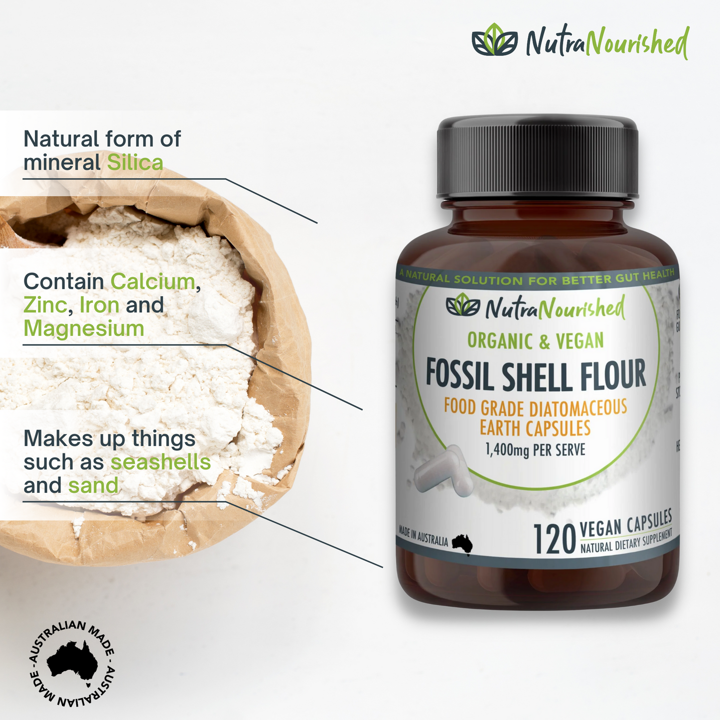 Fossil Shell Flour Capsules 120 | Food-Grade Diatomaceous Earth (Vegan)