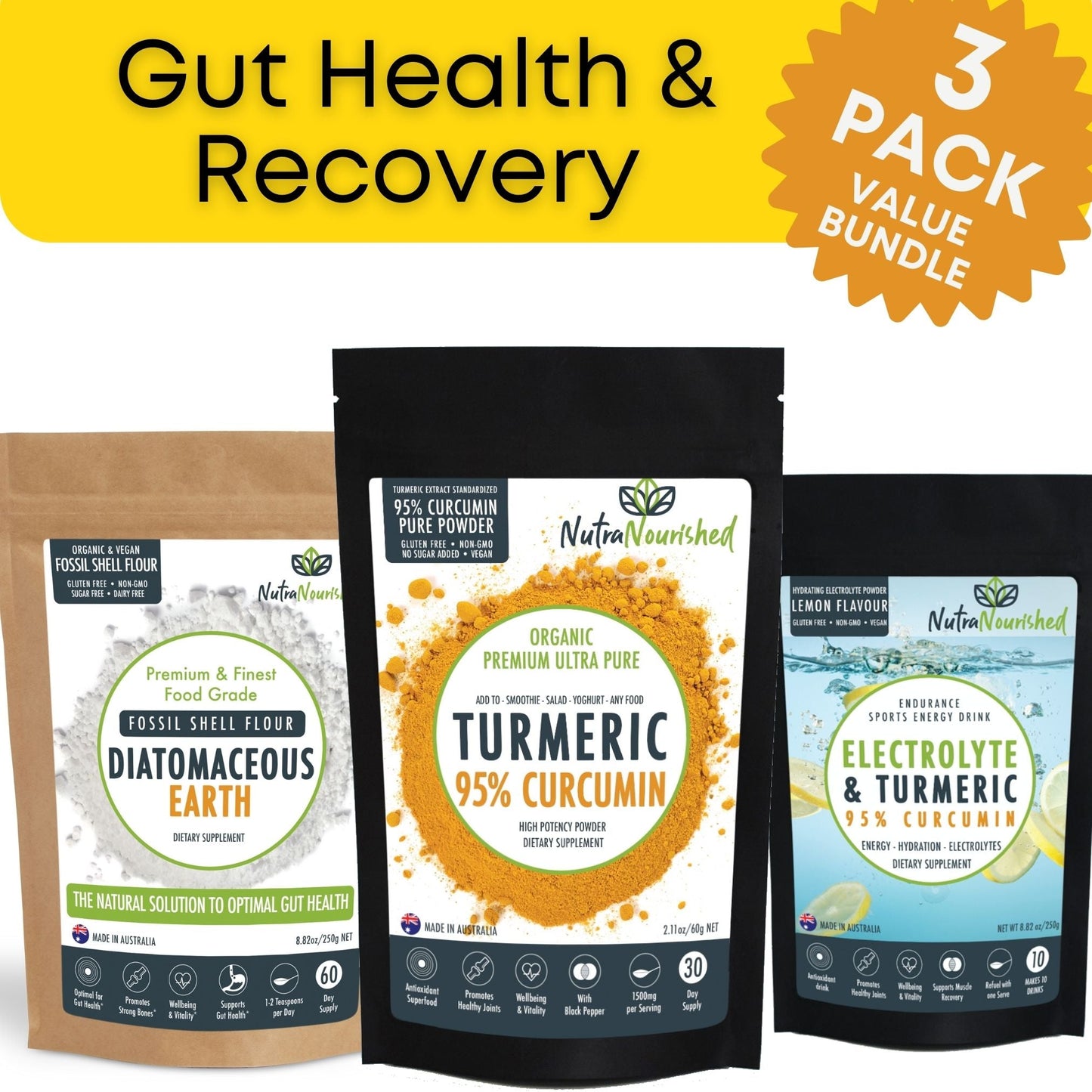 Gut Health & Recovery Bundle | Fossil Shell Flour, Curcumin & Electrolytes