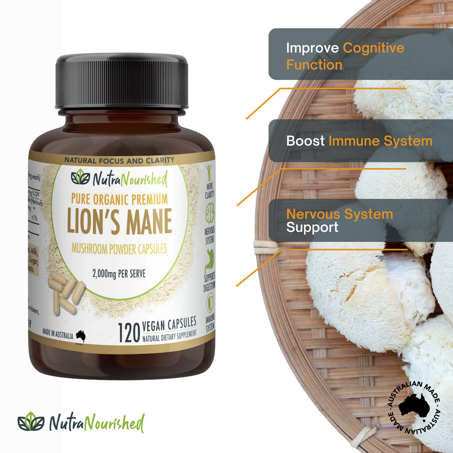 Lion's Mane Mushroom Capsules 120 Caps | Hericium erinaceus 2000mg