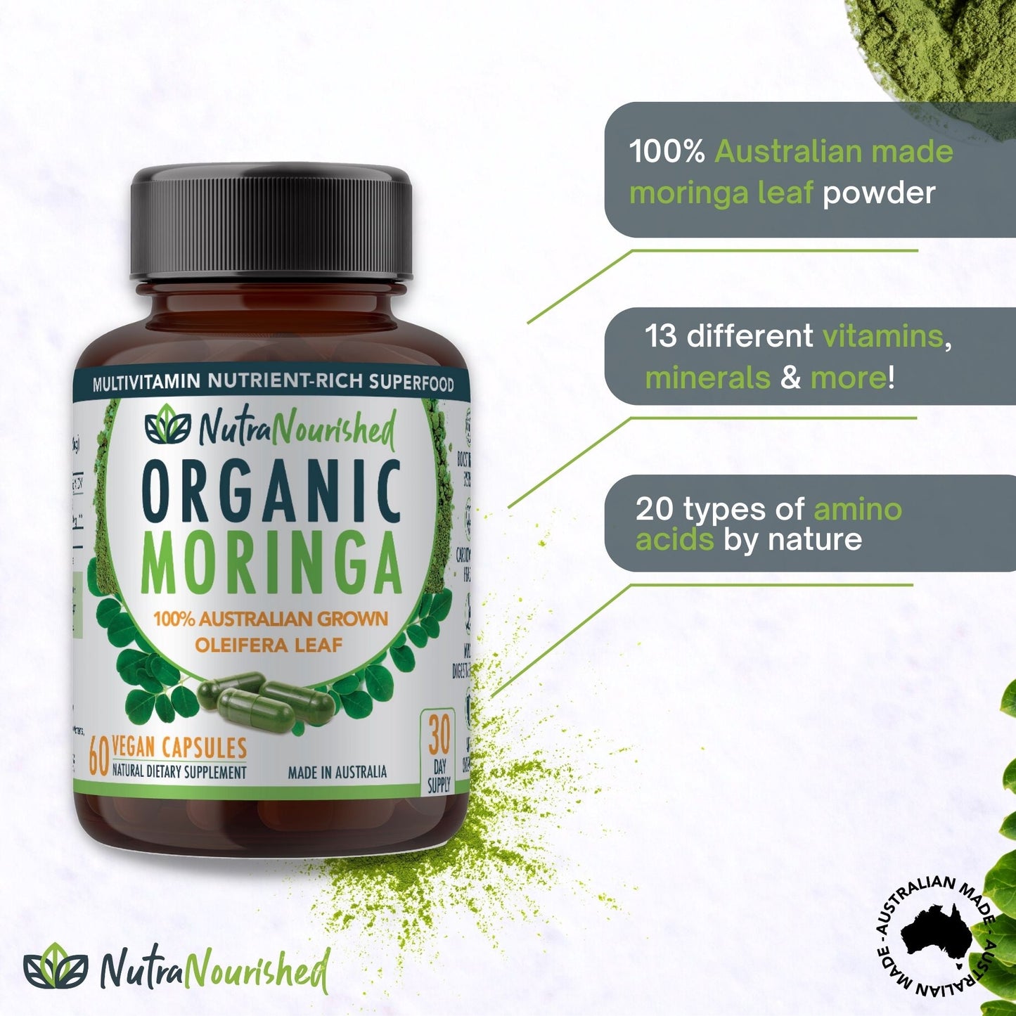 Organic Pure Moringa Leaf Capsules – 60 Vegan Capsules