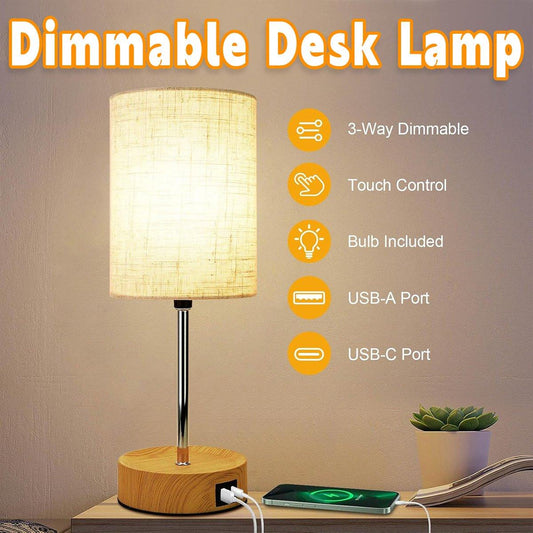 Smart Touch Bedside Lamp (3-Speed Dimmable) | Modern Linen & Wood