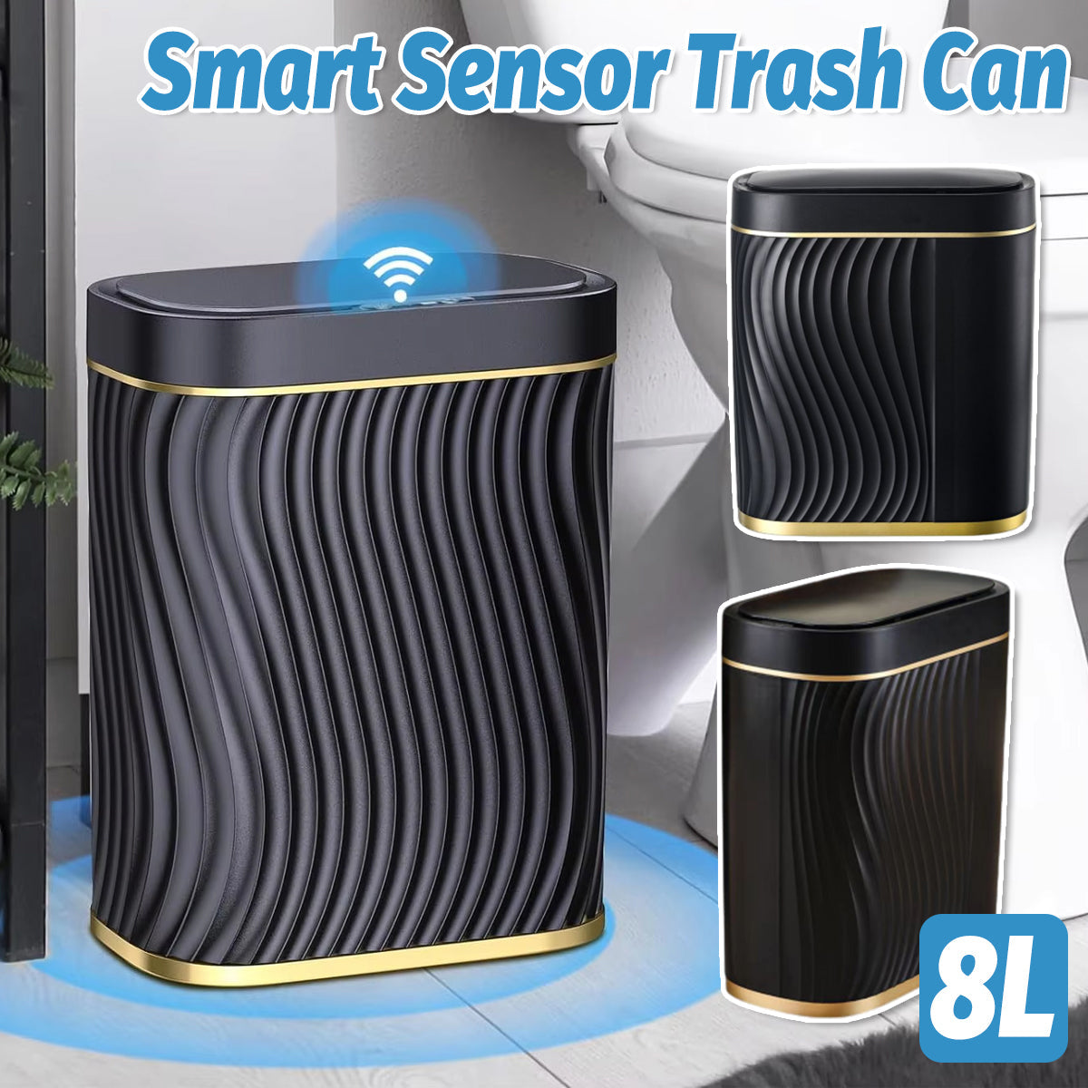 Smart Sensor Trash Can | 8L Narrow Touchless Bathroom Bin (Black/Gold)