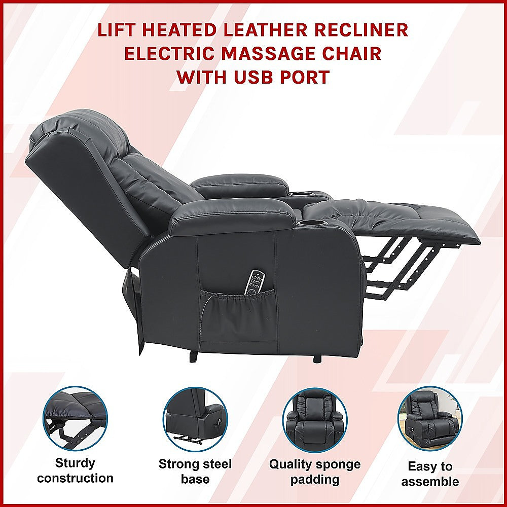 Smart Heated Lift Recliner Massage Chair | Power Lift, Vibration & USB Charging (Black)