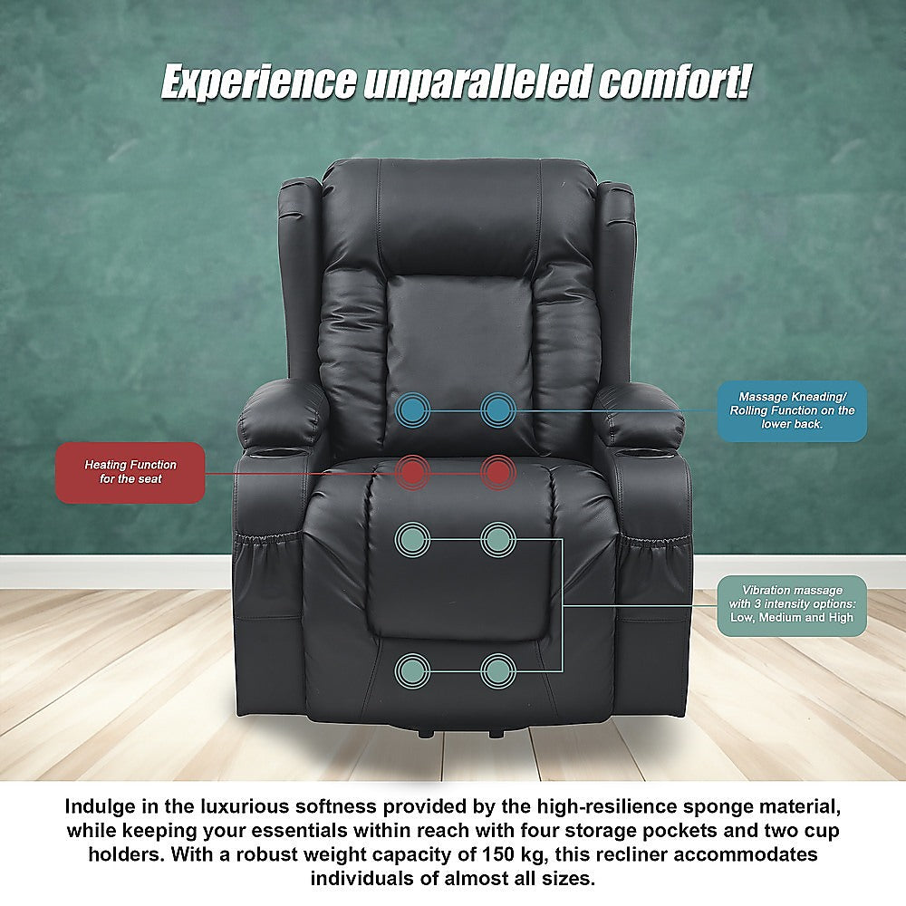 Smart Heated Lift Recliner Massage Chair | Power Lift, Vibration & USB Charging (Black)