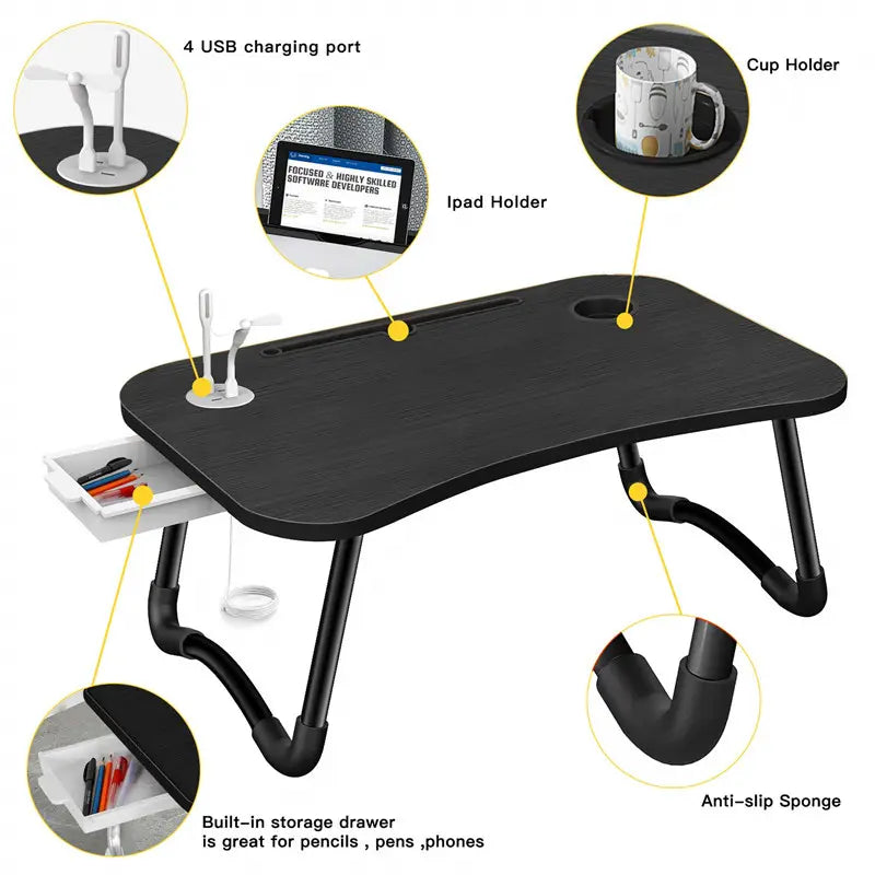 Smart Portable Lap Desk | USB-Charging Bed & Sofa Workstation (Black)