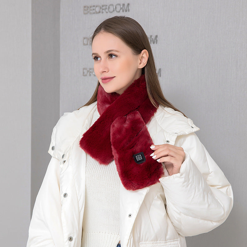 Electric Heated Scarf – Plush Adjustable Neck Warmer with 3 Heat Levels (Wine Red)