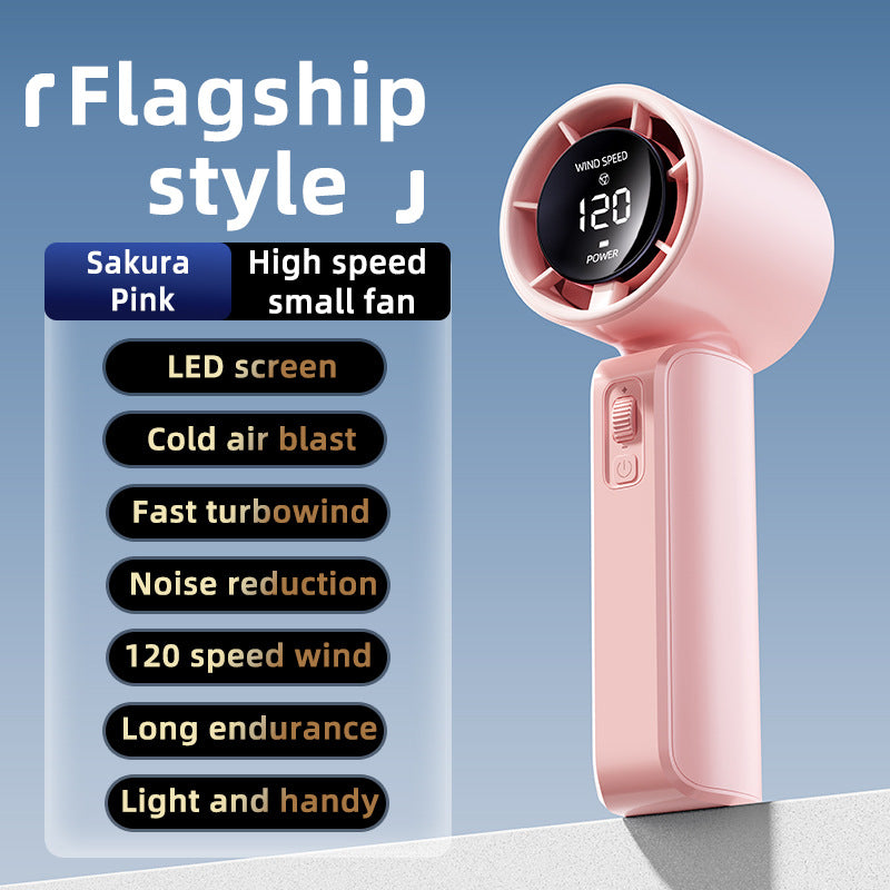 Pink Portable Handheld Fan with 120-Speed Display – USB Rechargeable Mini Cooling Fan
