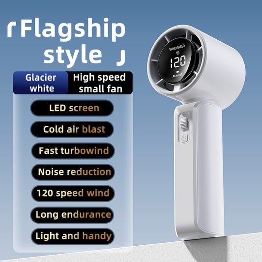 White Portable Handheld Fan with 120-Speed Display – USB Rechargeable Mini Cooling Fan