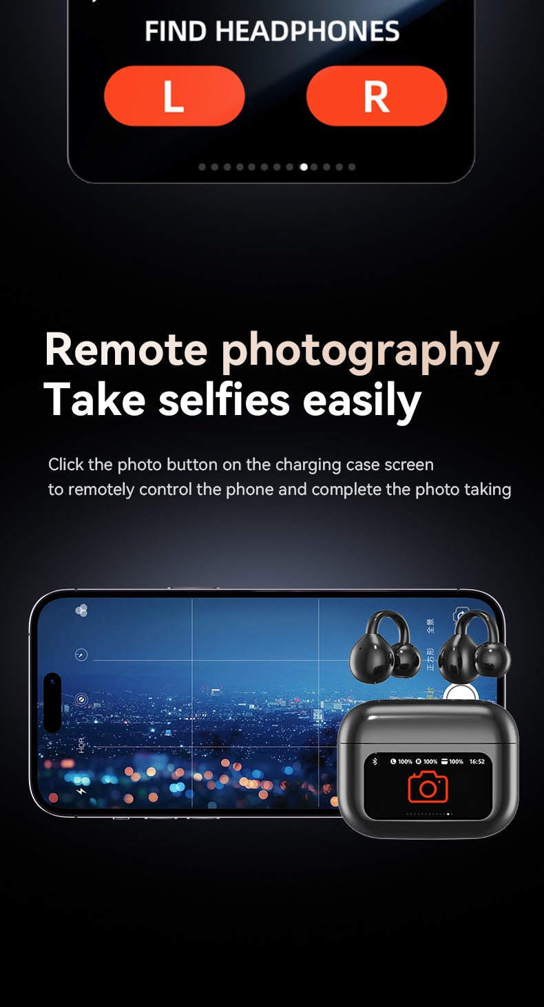 Black Open-Ear Ear-Clip Wireless Earbuds with Bluetooth 5.3, LED Display & Hi-Fi Sound