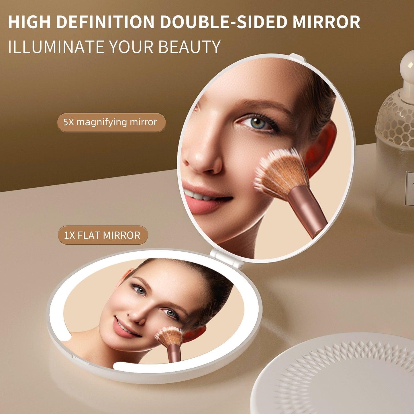 Smart LED Travel Makeup Mirror | 1x/5x Magnification & Auto On-Off