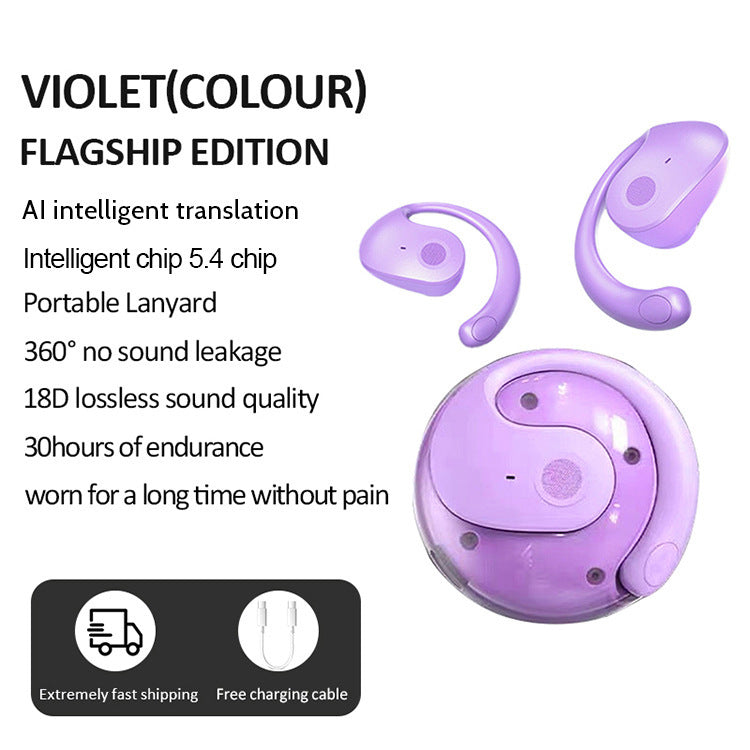 T2 AI Smart Translation Earbuds (Purple) | Open-Ear OWS Bluetooth 5.4