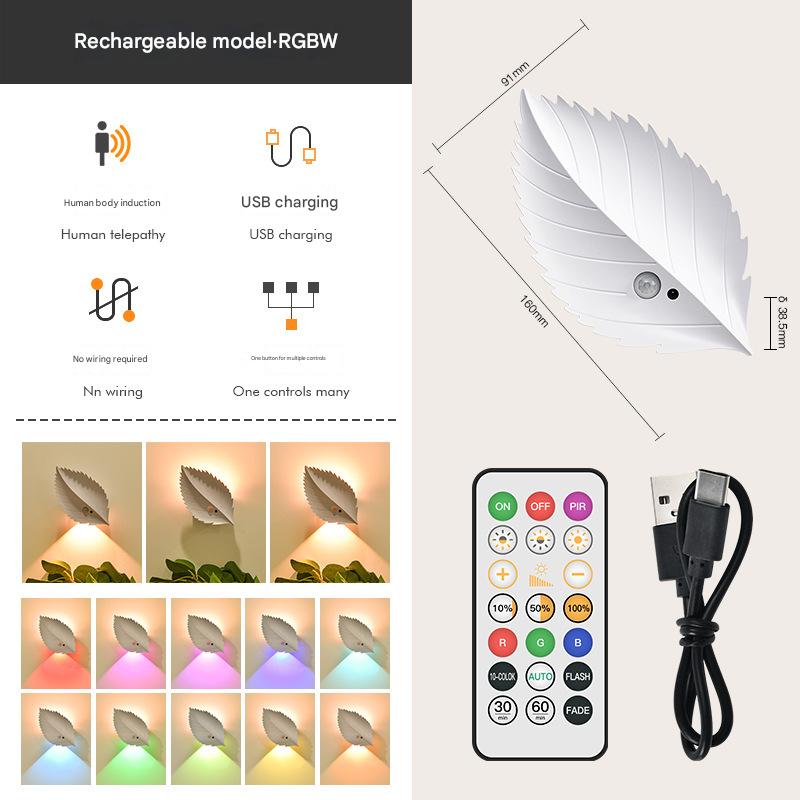 White RGB Colour-Changing Leaf LED Night Light | Wireless Motion Sensor & Remote Control (10-Colour Ambience)