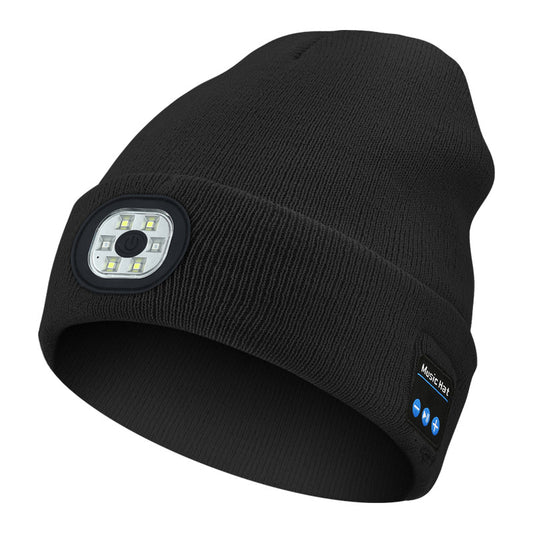 Wireless Bluetooth Beanie Hat (Black) | USB LED Headlight & Knit Cap