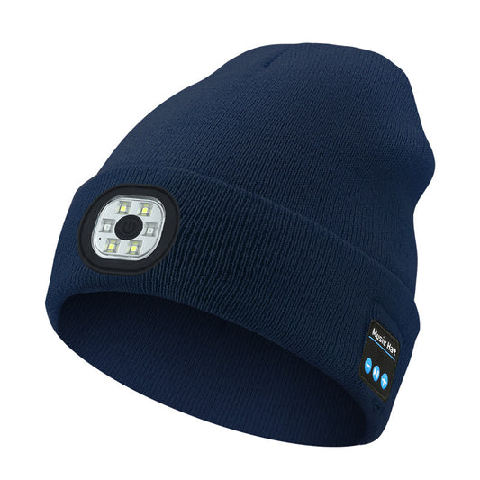 Wireless Bluetooth Beanie Hat (Navy Blue) | USB LED Headlight & Knit Cap