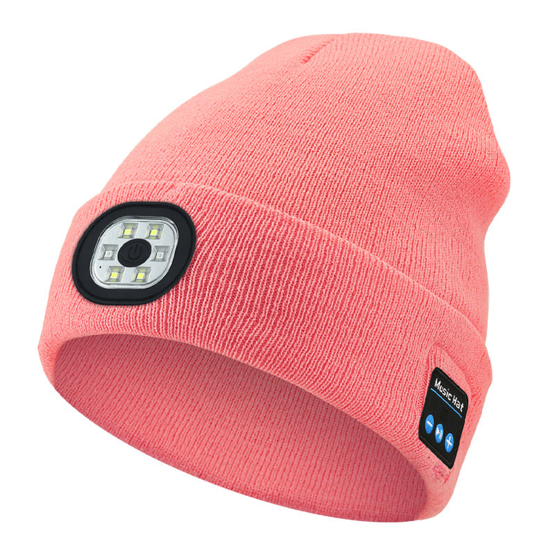 Wireless Bluetooth Beanie Hat (Pink) | USB LED Headlight & Knit Cap