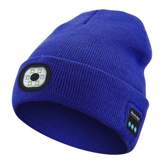 Wireless Bluetooth Beanie Hat (Blue) | USB LED Headlight & Knit Winter Cap