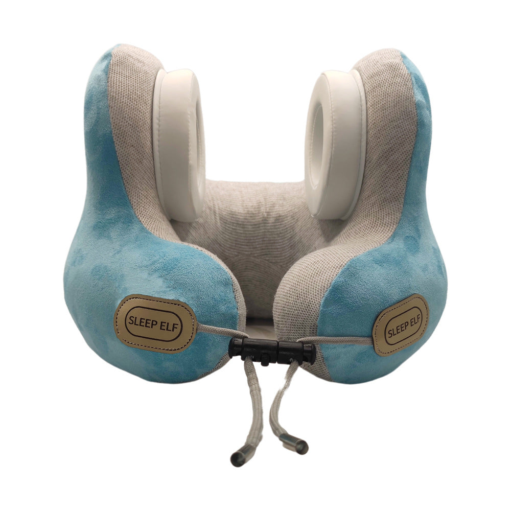 Smart Neck Pillow with Dual Noise Reduction, HIFI Bluetooth & Graphene Heating – “Sleep Elf” Travel Pillow (Lake Blue)