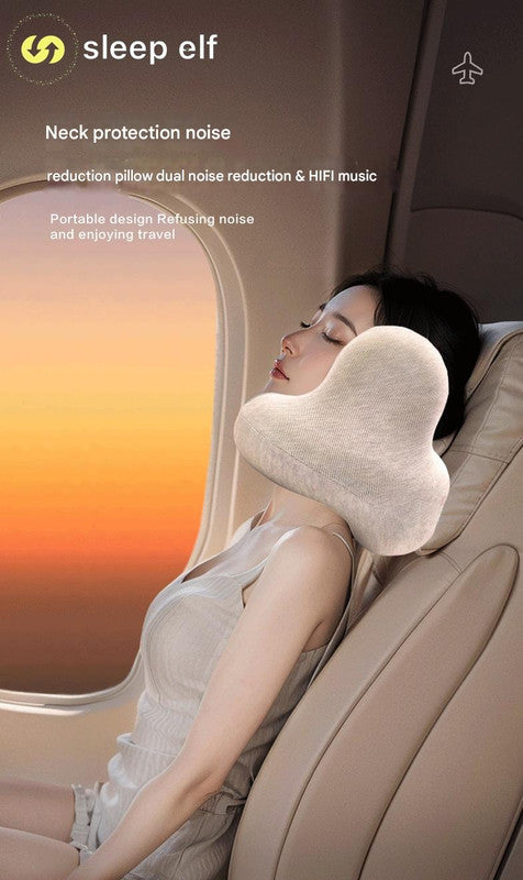 Smart Neck Pillow with Dual Noise Reduction, HIFI Bluetooth & Graphene Heating – “Sleep Elf” Travel Pillow (Lake Blue)
