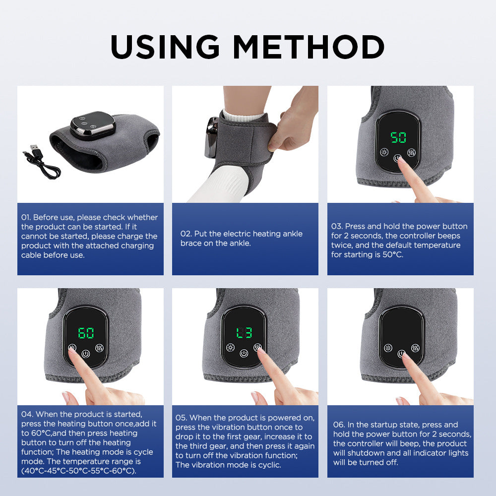 Rechargeable Electric Heating Ankle Brace | Vibration Massage & 5 Heat Levels (Grey)