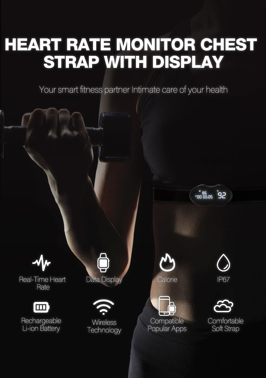 Smart Fitness Heart Rate Monitor Chest Strap | BLE & ANT+ Display Tracking (Black)