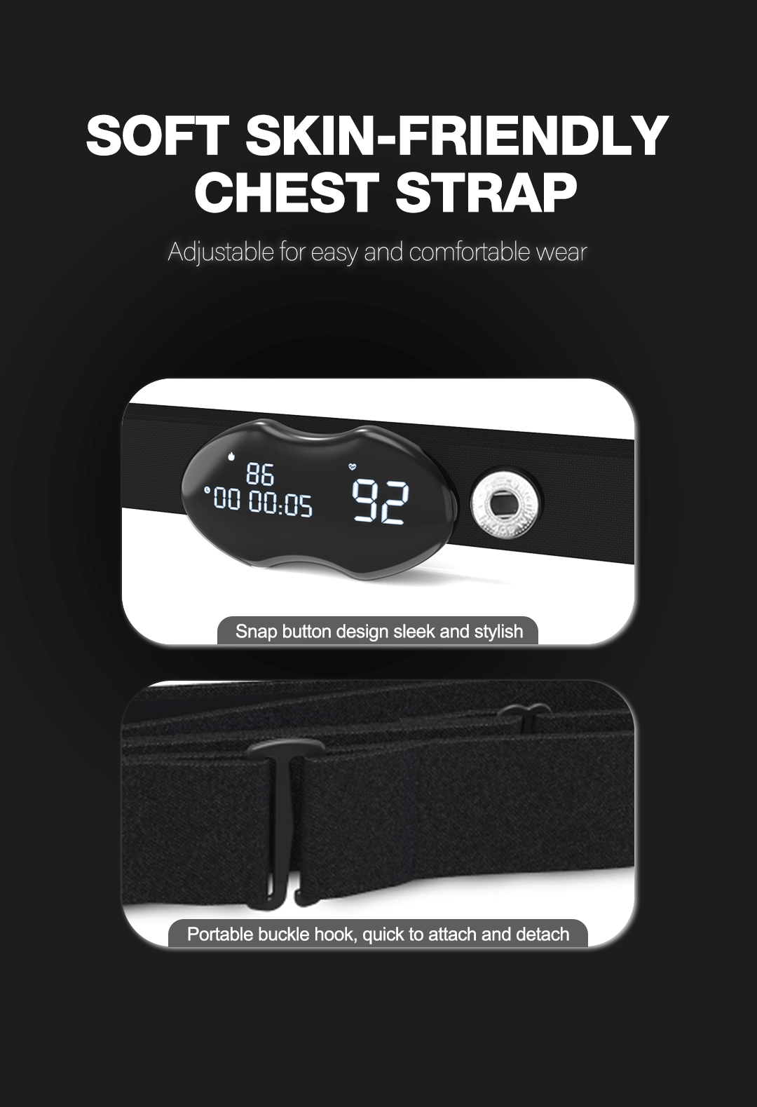 Smart Fitness Heart Rate Monitor Chest Strap | BLE & ANT+ Display Tracking (Black)