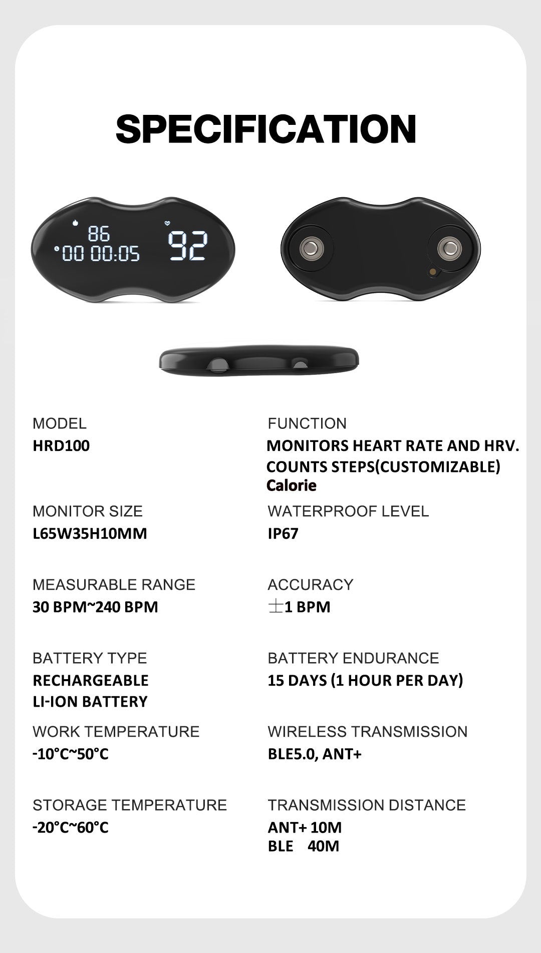 Smart Fitness Heart Rate Monitor Chest Strap | BLE & ANT+ Display Tracking (Black)