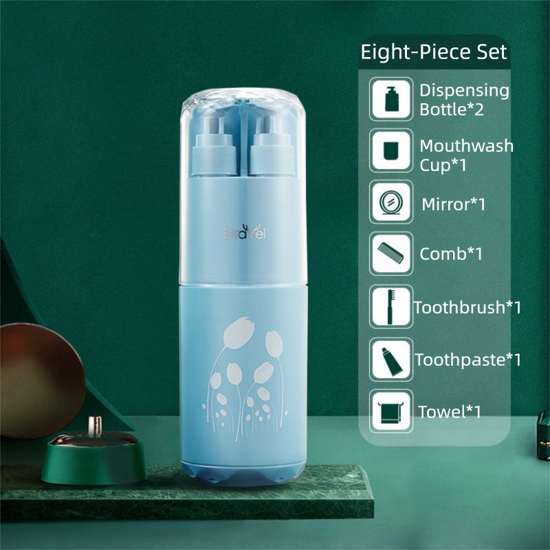 Deluxe 8-in-1 Travel Toiletry Set | Portable Toothbrush Holder, Wash Cup & Refill Bottles (Blue)