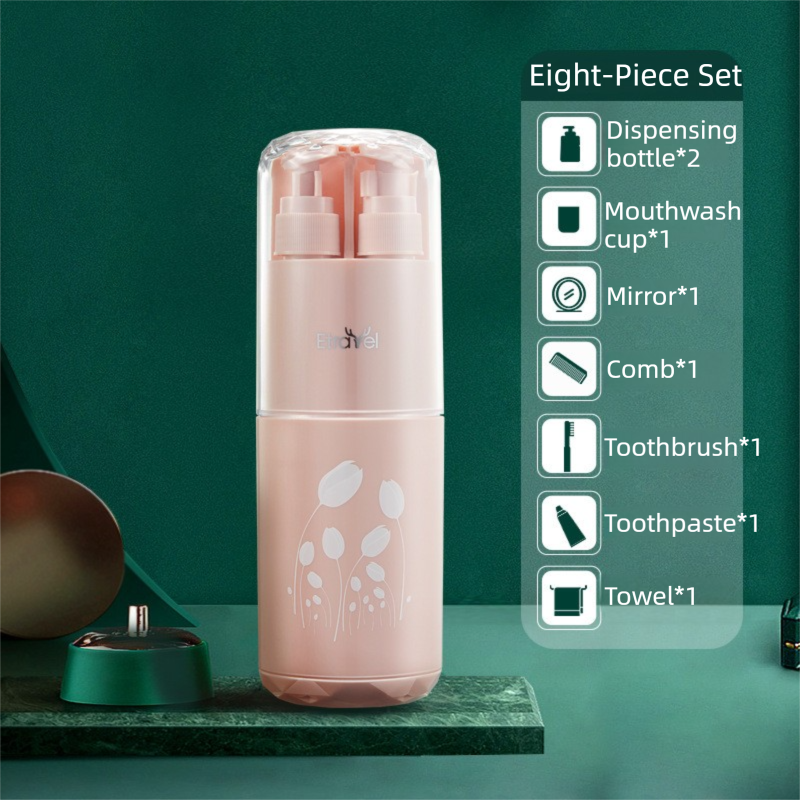 Deluxe 8-in-1 Travel Toiletry Set | Portable Toothbrush Holder, Wash Cup & Refill Bottles (Pink)