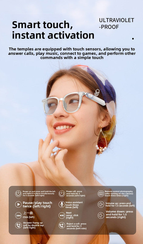 Smart Audio Glasses White | Photochromic Anti-Blue Light Open-Ear Bluetooth 5.4