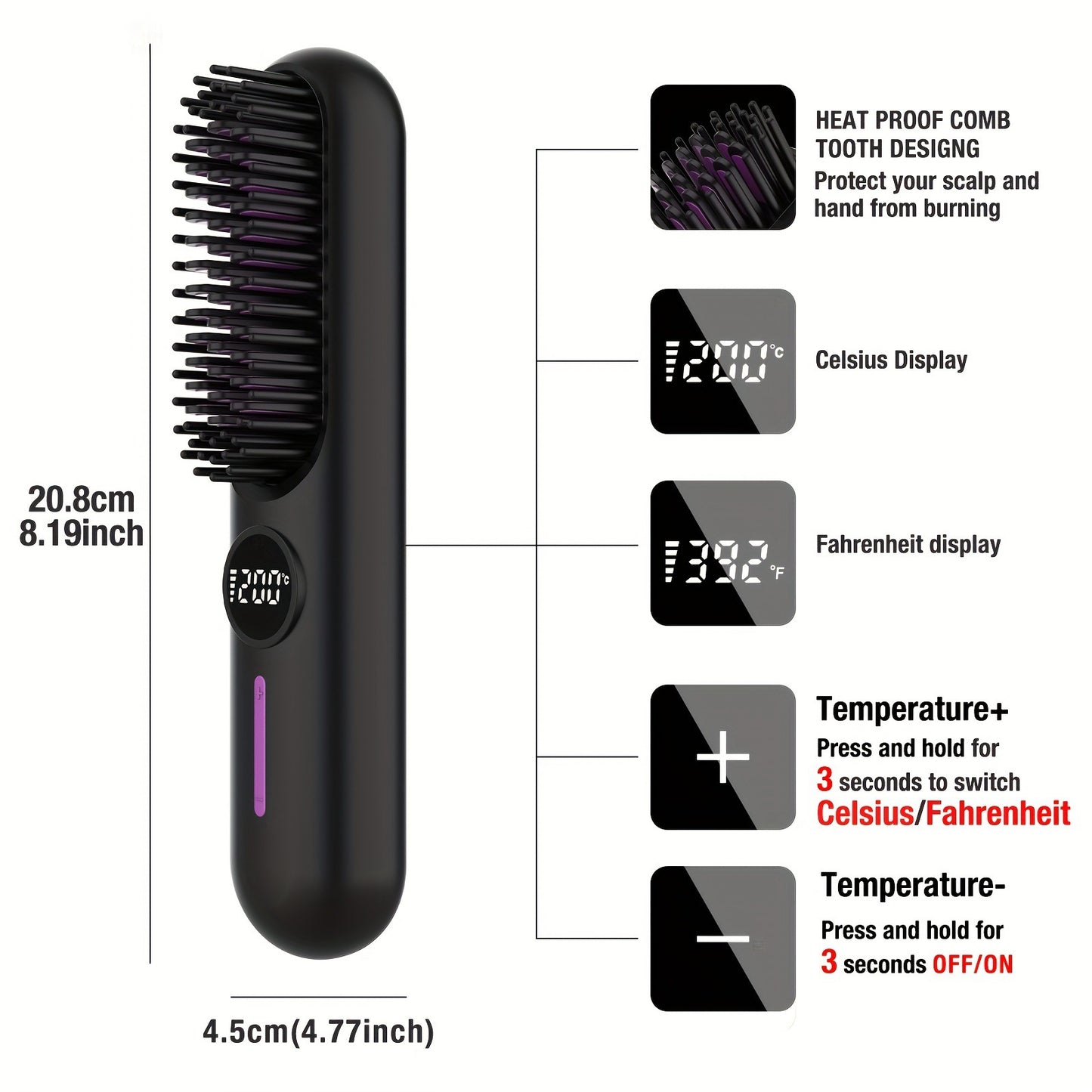 S01 Black Cordless Hair Straightener Brush | 2-in-1 Curling & Straightening Tool