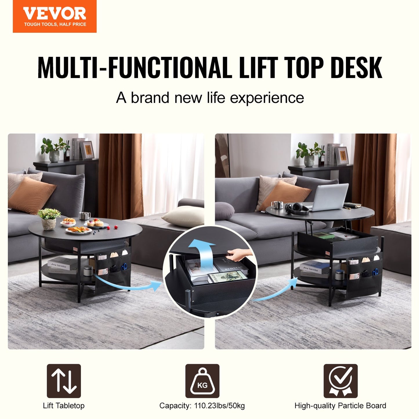 Smart Lift-Top Round Coffee Table | VEVOR 35.3” Storage Coffee Table (Black)
