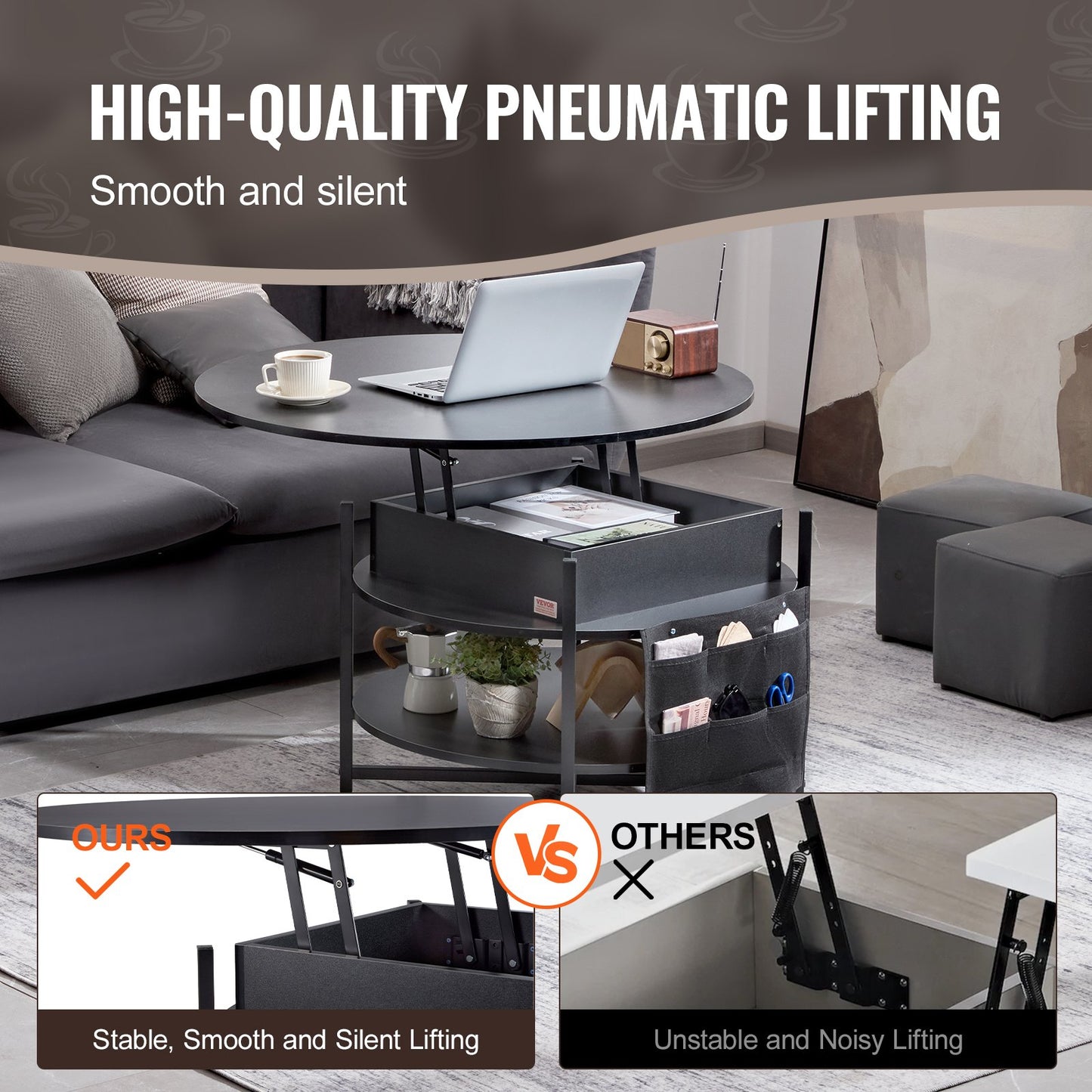 Smart Lift-Top Round Coffee Table | VEVOR 35.3” Storage Coffee Table (Black)