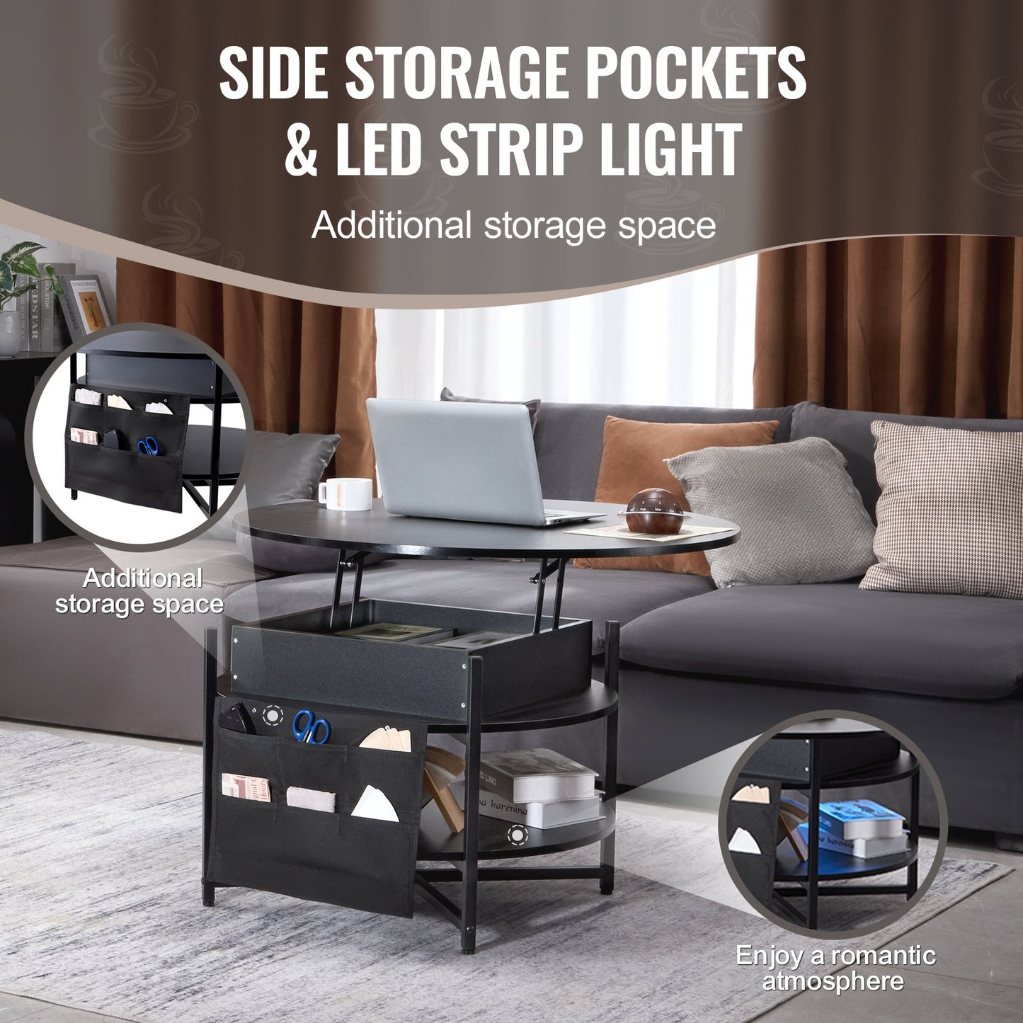 Smart Lift-Top Round Coffee Table | VEVOR 35.3” Storage Coffee Table (Black)