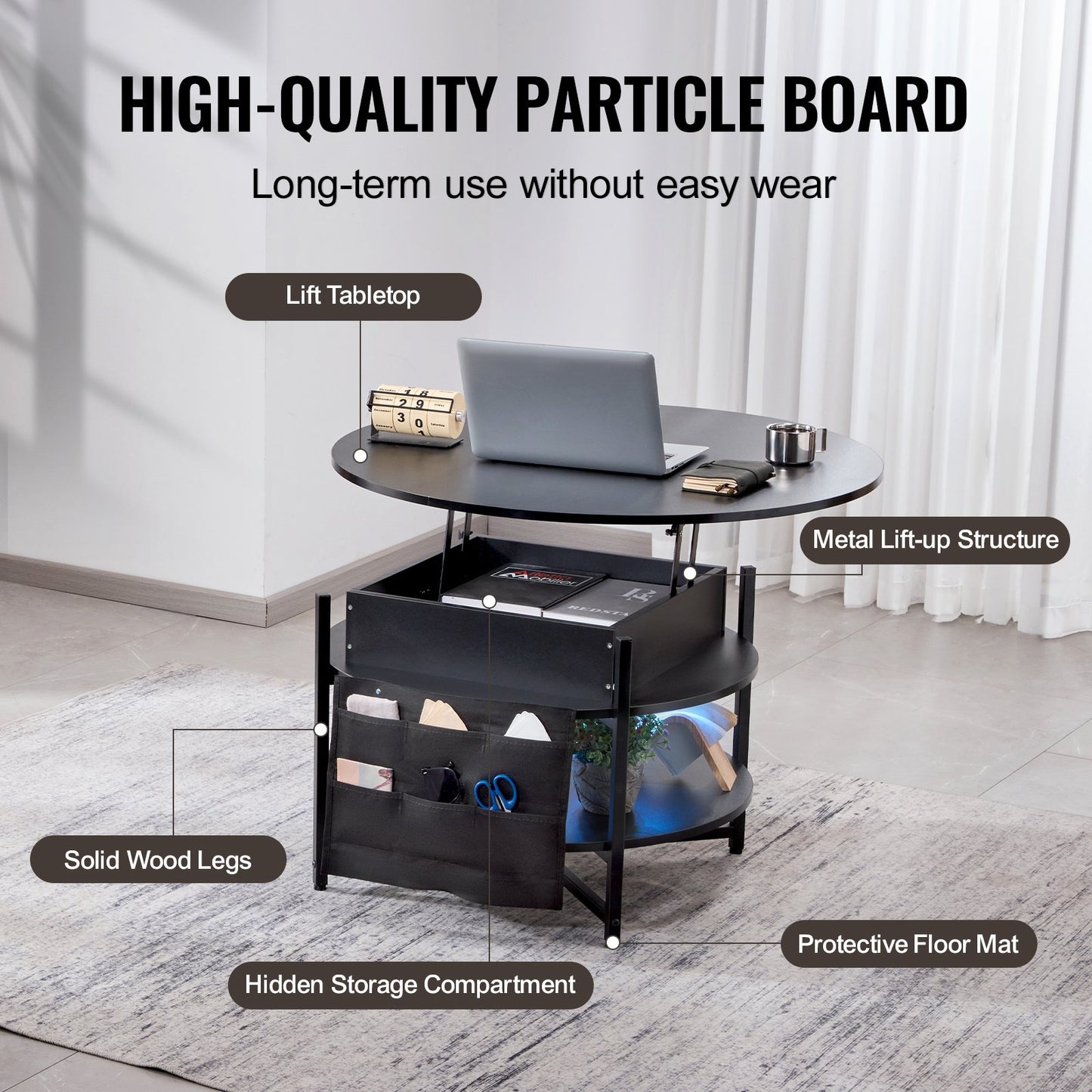 Smart Lift-Top Round Coffee Table | VEVOR 35.3” Storage Coffee Table (Black)