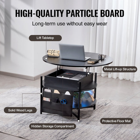 Smart Lift-Top Round Coffee Table | VEVOR 35.3” Storage Coffee Table (Black)