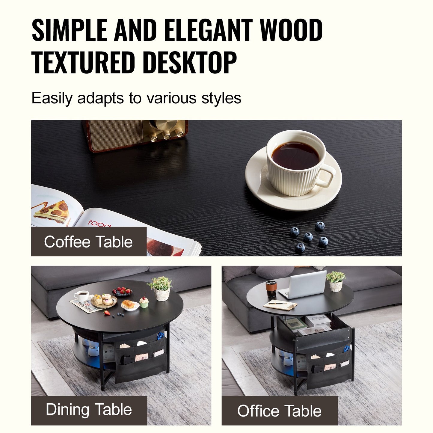 Smart Lift-Top Round Coffee Table | VEVOR 35.3” Storage Coffee Table (Black)