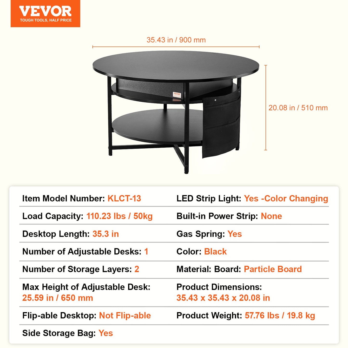 Smart Lift-Top Round Coffee Table | VEVOR 35.3” Storage Coffee Table (Black)