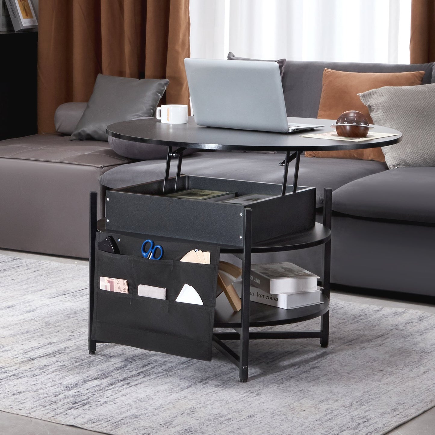 Smart Lift-Top Round Coffee Table | VEVOR 35.3” Storage Coffee Table (Black)