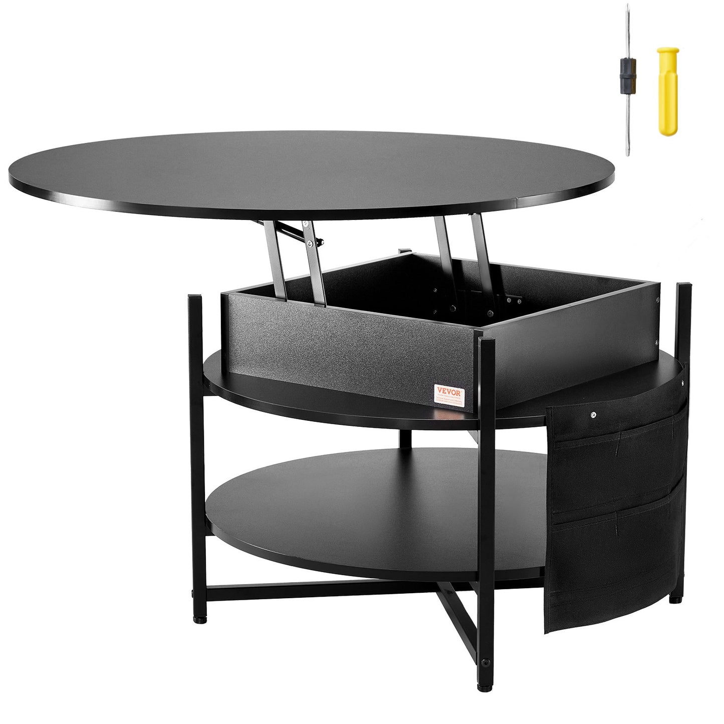 Smart Lift-Top Round Coffee Table | VEVOR 35.3” Storage Coffee Table (Black)