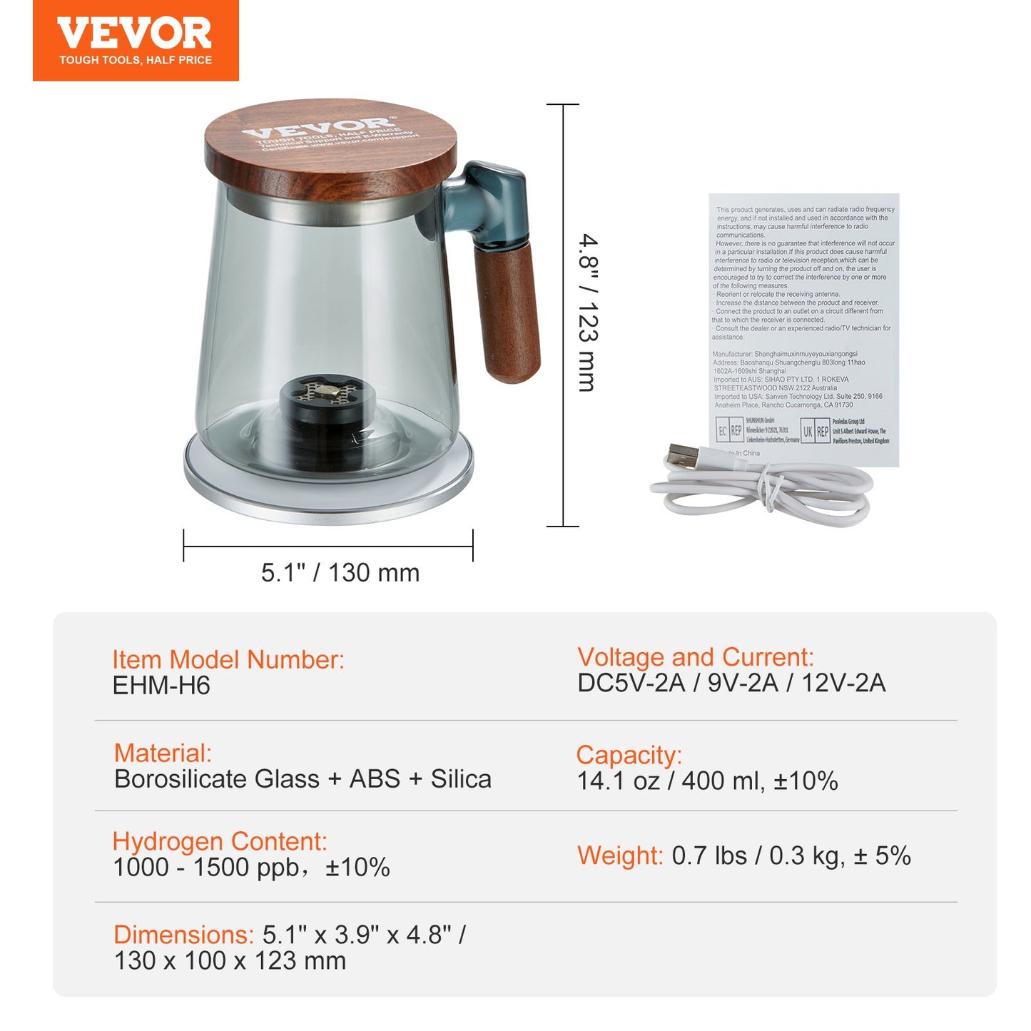 VEVOR Hydrogen Water Cup | 400ml SPE Hydrogen Generator with Wireless Charging Base