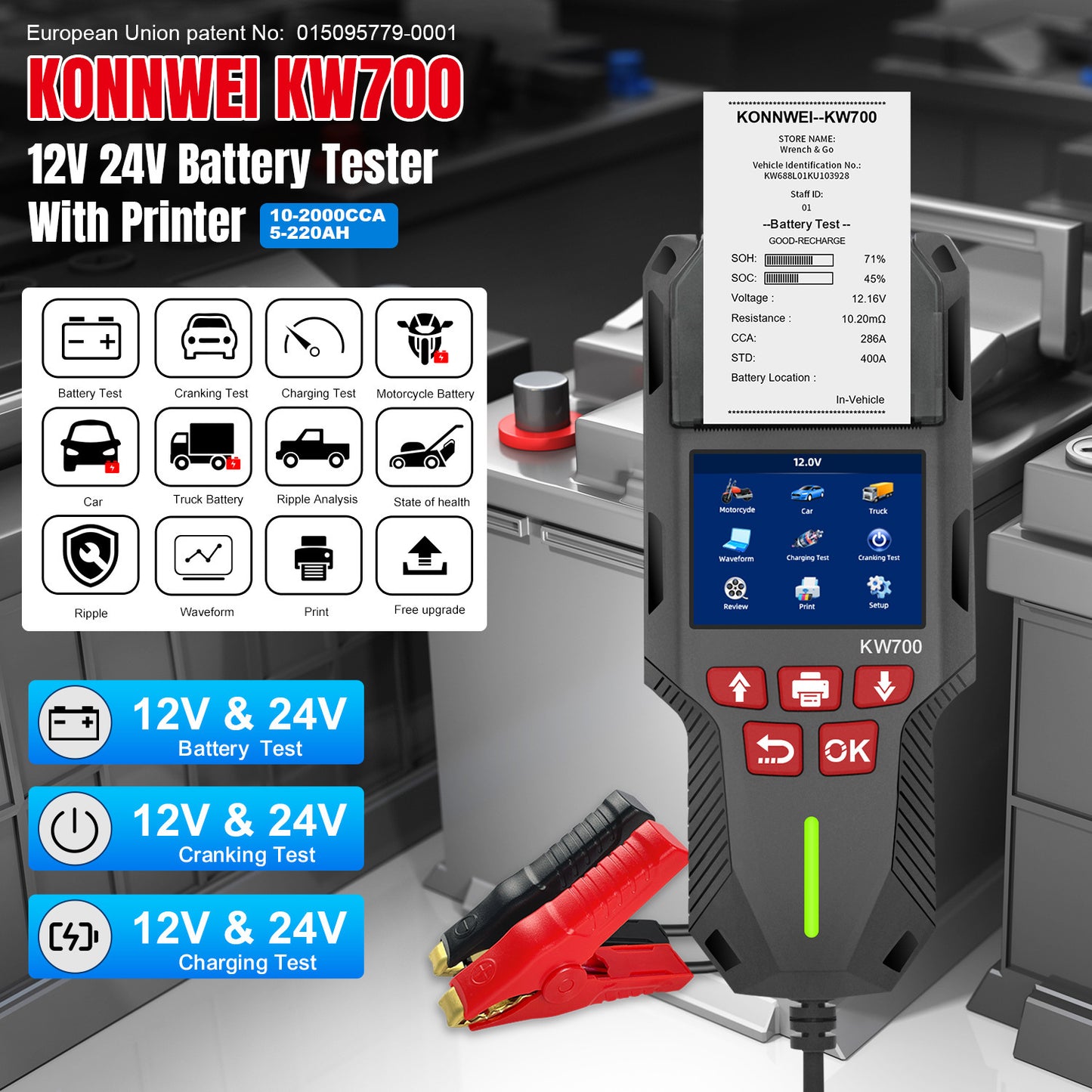 Smart 12V/24V Car & Truck Battery Tester with Built-In Printer | KONNWEI KW700